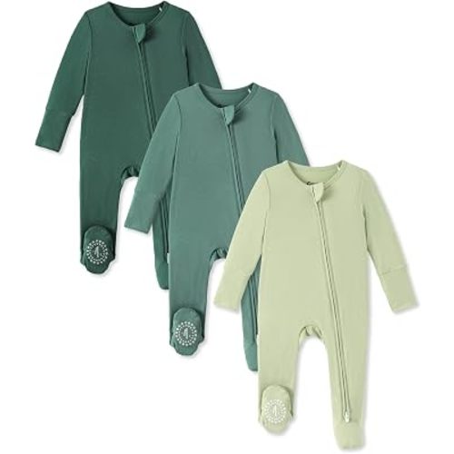 PATPAT 3 Pack Bamboo Viscose Baby Footed Pajamas with Anti-Grips, NB-2T