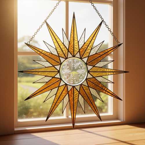 Sunburst Acrylic Suncatcher, Golden Star Window Hanging, Mid Century Modern Sun Catcher, Celestial Home Decor Gift