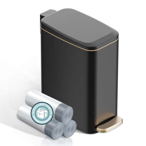 KSSKSS 1.6 Gallon/6L Small Bathroom Steel Step Trash Can, Soft-Close Lid & Fingerprint-Proof, Slim Wastebasket for Narrow Spaces (Black)