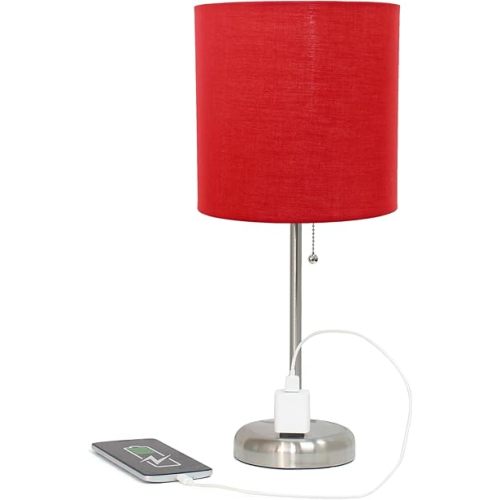 Simple Designs LT2024-RED Brushed Steel Stick Table Desk Lamp with Charging Outlet and Drum Fabric Shade, Red Shade