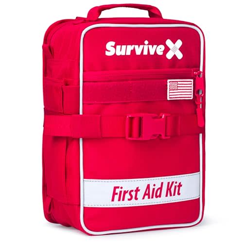 SurviveX Large First Aid Kit for Car, Travel & Home - Emergency Kit for Hiking, Camping, Backpacking and Outdoors - Includes Zip Stitch Wound Closure Strips