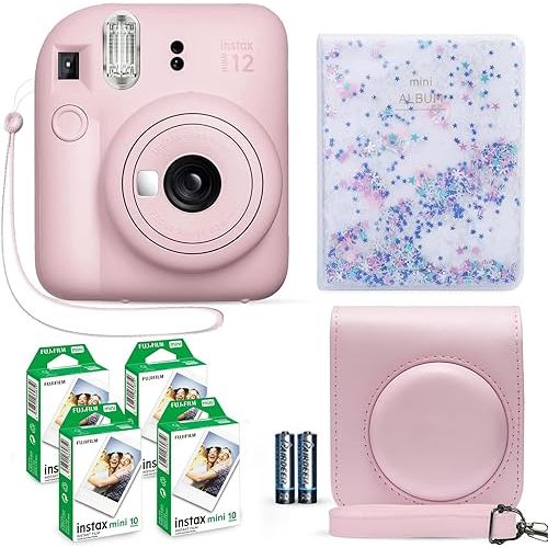 Fujifilm Instax Mini 12 Instant Camera Blossom Pink + Fuji Film Value Pack (40 Sheets) + Shutter Accessories Bundle, Incl. Compatible Carrying Case, Quicksand Beads Photo Album 64 Pockets