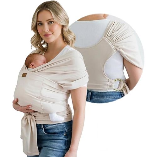 Stylish Beige & Gold Baby Carrier Wrap: Comfortable, Soft & Supportive, Adjustable Ring Sling for Mom & Dad, Ideal for Baby Registry, Newborn to Toddler, Baby Shower