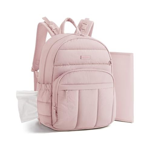 BAGSMART Diaper Bag Backpack, Multi-Pocket Puffy Diaper Bag with Waterproof Changing Pad, Lightweight Stroller-Friendly Diaper Bag with Insulated Pockets, Easy-Access Baby Essential, Pink