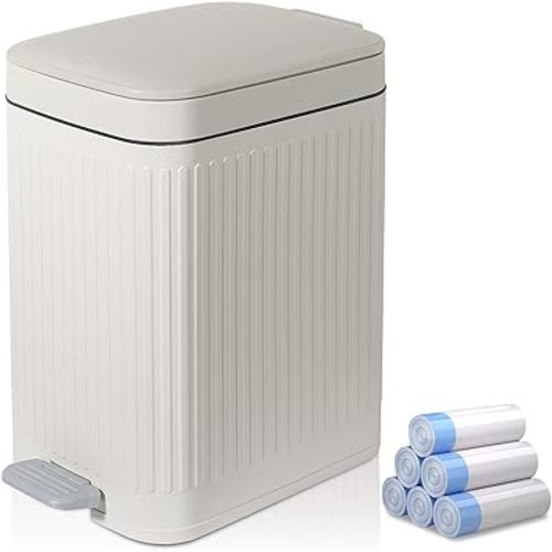 rejomiik Small Bathroom Trash Can with Lid 2.6 Gallon Step Trash Can Slim Garbage Can with Soft-Close Waste Bin for Bathroom, Bedroom, Office, Dorm, RV, Off-White