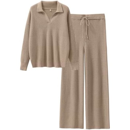 ANRABESS Women Two Piece Outfits Sweater Sets Lounge Waffle Knit Pullover Matching Wide Leg Pants Tracksuit 2025 Fall Fashion