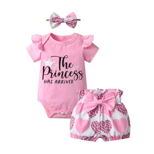 Baby Girl Clothes Ruffle Letter Short Sleeve Romper Print Shorts with Headband 3PCS Set Pink 3-6 Months