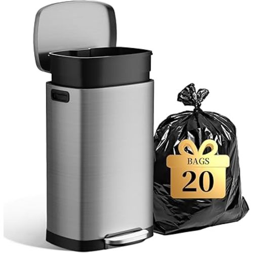 13 Gallon Trash Can with Lid, 50L Fingerprint Proof Stainless Steel Kitchen Trash Can with Removable Inner Bucket and Lid Soft Close, Pedal Rubbish Bin for Home Office（Silver）