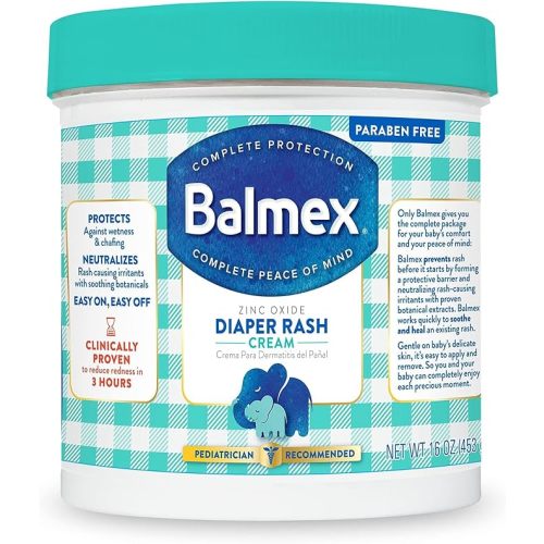 Balmex Fast-Acting Baby Diaper Rash Cream with Zinc Oxide + Soothing Botanicals, Pediatrician-Recommended, 16oz