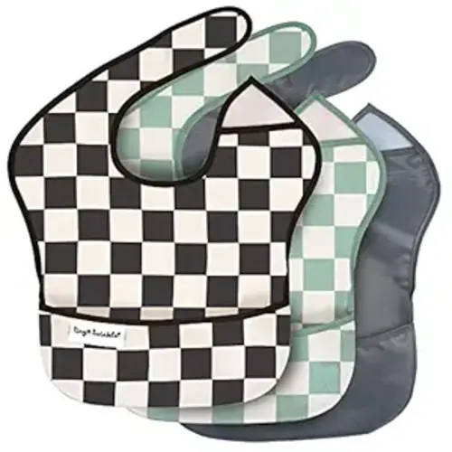 Tiny Twinkle Mess-Proof Baby Bibs for Eating | Waterproof, Wipeable Toddler Bibs with Catch-All Pocket | Feeding Bibs for Girls & Boys(3 Pack,Checkers Boy)