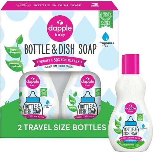 Dapple Baby Fragrance-Free Baby Bottle & Dish Soap - (2 Pack) 3 fl oz - Plant-Powered Cleaner for Bottles, Pump Parts, and Sippy Cups - Travel Size