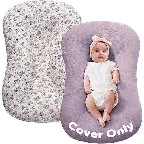 FUNUPUP Muslin Baby Lounger Cover Only Compatible with Snuggle Me Lounger, Infant Pillow Cover for Newborn, Removable Nest Slipcover for Boys and Girls, Only Cover, Purple&Purple Floral