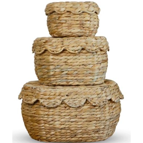 Scalloped Basket with Lid Set of 3,Storage Boxes for Shelves,Decorative Storage Boxes With Lids,Water hyaxinth Storage, Shelf Baskets Set for Organizer