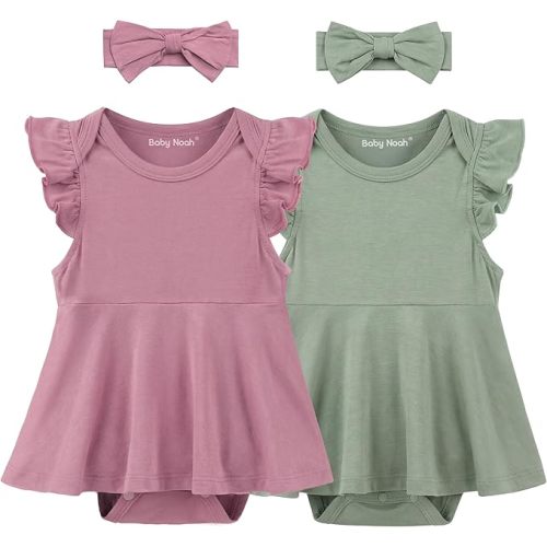 2 Pack Baby Girl Bodysuit Flutter Sleeves Dress, Cute Ruffle Romper Outfit with Headband, Newborn Infant Pajamas 0-12 Months