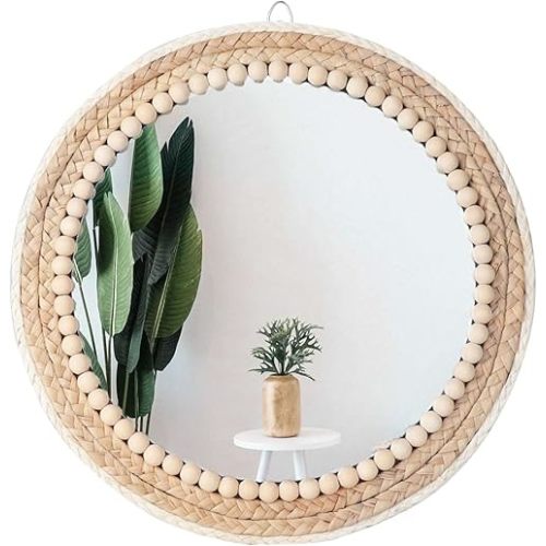 Poeme Boho Wall Mounted Round Mirror - 15 Inch Circle Rattan Decorative Hanging Mirror for Bedroom, Living Room & Bathroom