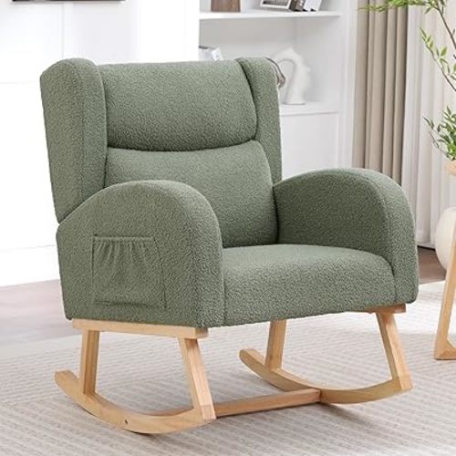 Nursery Rocking Chairs,Upholstered Rocking Chair Nursery for Mom Cozy High Backrest Modern Indoor Adults Rocker Chair for Living Room Bedroom(Teddy Green)
