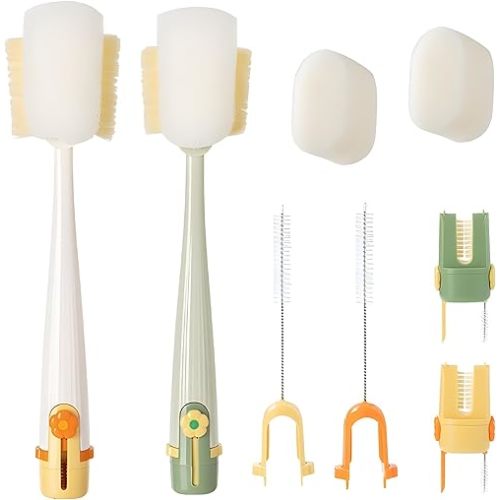 5 in 1 Bottle Cleaning Brush Set, 2026 New Multifunctional Cup Lid Brush Cleaning Tool Kitchen, Portable Long Handle Bottles Scrubber for Cup Lids, Hard Bristle Sponge Bottle Brushes (Green and White)