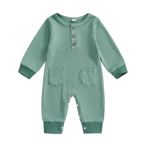 Mobbdow Newborn Infant Baby Boy Girl Clothes Solid Color Button Romper Jumpsuit Long Sleeve One-Piece Fall Winter Outfit