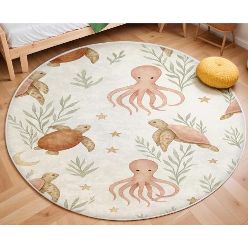 Ocean Theme Kids Rug with Turtle Octopus Fish Figures Soft Washable Non Slip Carpet for Nursery Colorful Educational Play Mat