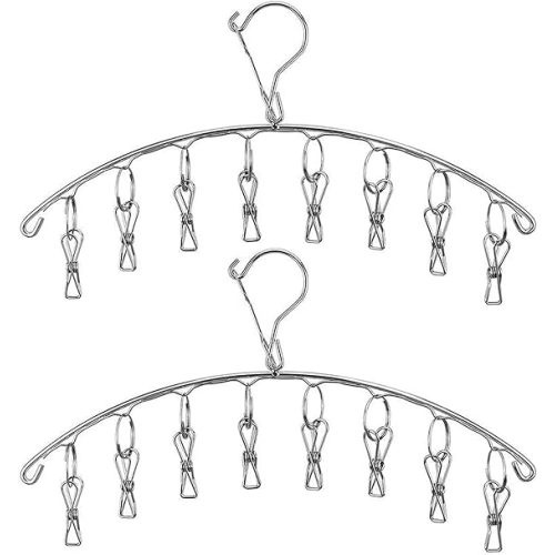 Stainless Steel Laundry Drying Rack Clothes Hanger with Windproof Hook,Underwear Hanger,Clothes Hangers with 8 Clips for Drying Socks,Diapers,Baby Clothes(2 Pack)