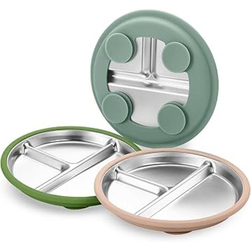 3Pack Sainless Steel Kids Plates with Suction, 8.1” Divided Toddler Baby Plates with Removable Silicone Sleeves BPA Free Non-Slip 2-in-1 Anti Breakage Metal Toddler Bowls
