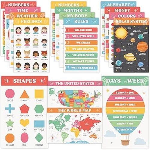 Fun Educational Posters for Toddlers 1–3 – Set of 16 Easy to Read Learning Posters for Classroom & Homeschool Decor – Essential Preschool/Kindergarten Kids Room Wall Charts incl. ABC Chart & More