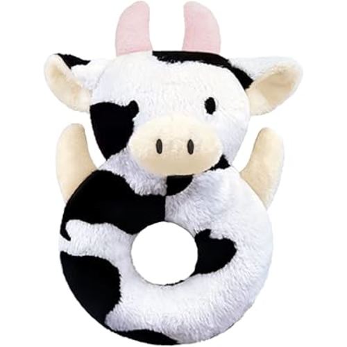 Baby Cow Soft Rattle Toy, Dairy Cattle Plush Infant Shaker Rattle Easy-Grasp Stuffed Animal Toy, Gifts for Newborns Babies Toddlers Boys Girls, Pink Horns, 6 Inches