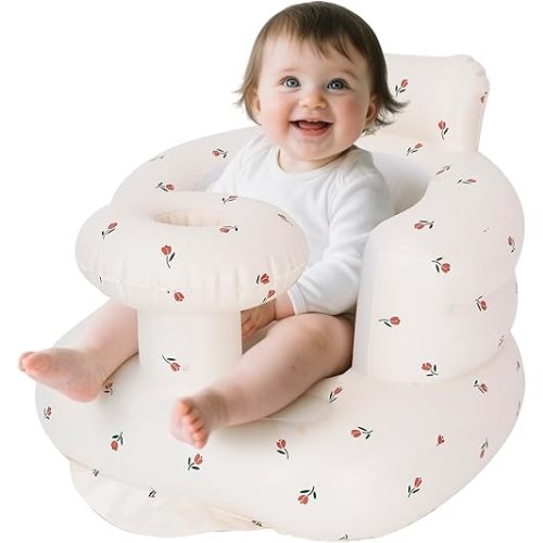 Inflatable Baby Seat with Tray, Inflatable Baby Chair for Babies 3 Months and Up, Portable Blow Up Chair with Built in Air Pump, Infant Floor Seats for Learning to Sit, Palying, Camping, Tulip