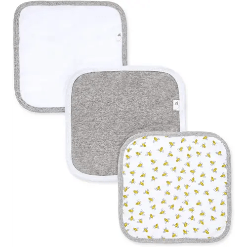 Burts Bees Baby Infant Washcloths Made of 100% Organic Cotton, Soft and Super Absorbent Knit Terry Cloths, 3-Pack Newborn Bath Essentials, Heather Gray and White Wash Cloths