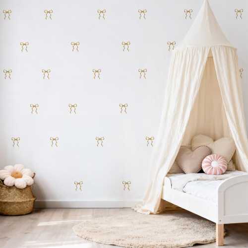Gold Coquette Bow Wall Decals, Nursery Wall Decor, Reusable & Removable Fabric Wall Stickers Set
