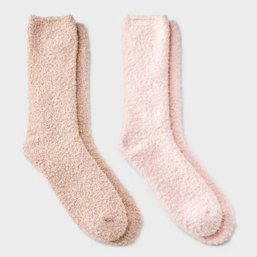 Women's Solid 2pk Cozy Crew Socks - Auden™ Pink/Tan 4-10: Recycled Polyester, Knit, Tagless