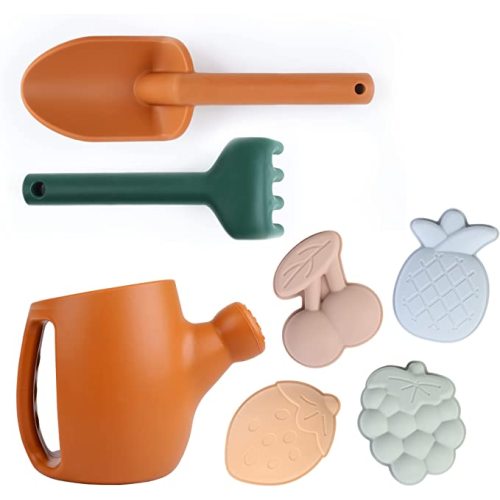 BLUE GINKGO Toddler Gardening Tools - Silicone Beach Toys, Garden Toys for Toddlers | Kids Shovel and Rake Set, Watering Can, Sand Molds | Outdoor Baby Gardening Set (Terracotta)