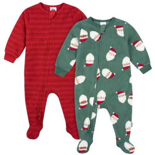 Gerber Baby Neutral 2-Pack Footed Fleece Pajamas, Santas, 0-3 Months