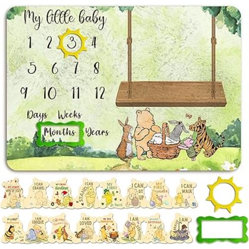 Winnie Nursery Decor, Winnie Newborn Month Blankets for Baby, Babies Milestone Blanket, Baby Growth Photo Blankets with Photo Tools
