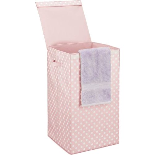 mDesign Large Upright Single Laundry Hamper Basket with Hinged Lid and Handles - Portable and Foldable for Compact Storage in Baby Nursery, Kid Bedroom, Playroom - Pink/White Polka Dots