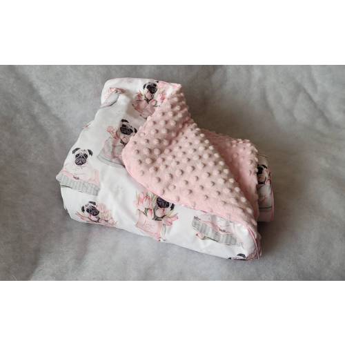 Pugs in tulips Baby Blanket,dogs in flower pink  minky blanket with Filling, Premium blanket piping Minky Blanket,pink Blanket,Baby Blanket
