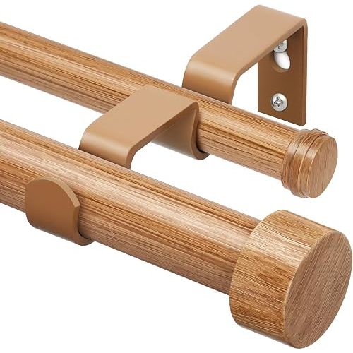 Double Curtain Rod for Windows, Wood Grain, 66" to 120"