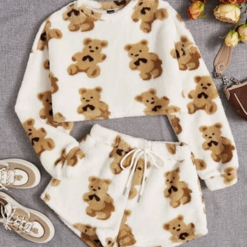 SHEIN Qutie Bear Print Drop Shoulder Teddy Pullover & Drawstring Waist Shorts