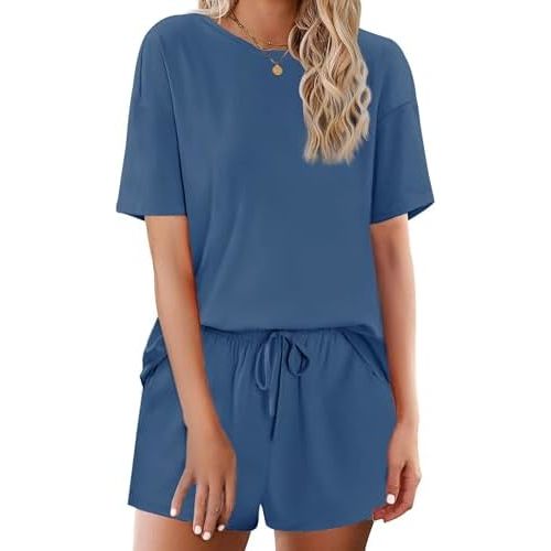 Ekouaer Cotton Pajamas Set for Womens Soft Short Sleeve Lounge Set Shorts Sleepwear Set 2 Piece Pjs Sets