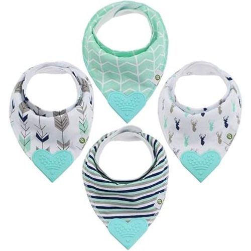 Pickle & Olive Baby Bandana Teething Bibs with Attached Silicone Teether, Set Of 4 - Blue Deer