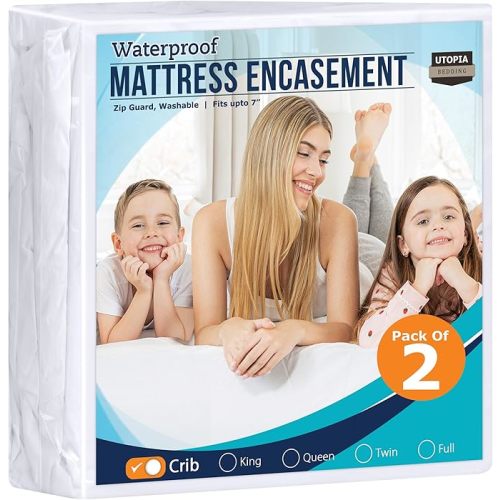 Zippered Mattress Encasement Crib (Pack of 2) - 100% Waterproof and Bed Bug Proof Mattress Protector - Absorbent, Six-Sided Mattress Cover