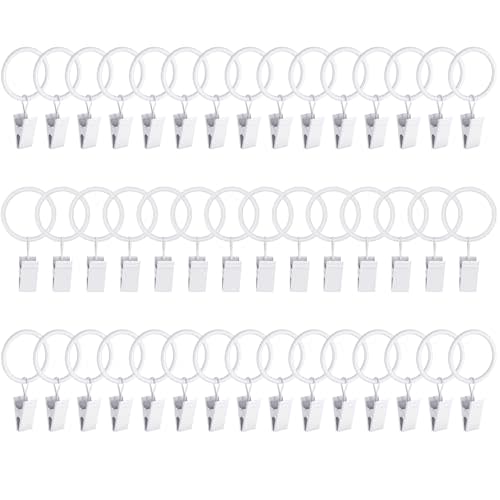 Lansian 44 Pack Curtain Rings with Clips Hooks 1 in Diameter Rustproof | Metal Stainless Steel Drapery Rings for Tension Rod Bracket Eyelets Decorative Hanger, Fits 3/4 in Rods, White