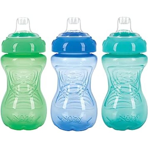 Nuby 3 Pack No Spill Toddler Sippy Cups - Toddler Cups Spill Proof with Easy and Firm Grip - Blue, Aqua, Green