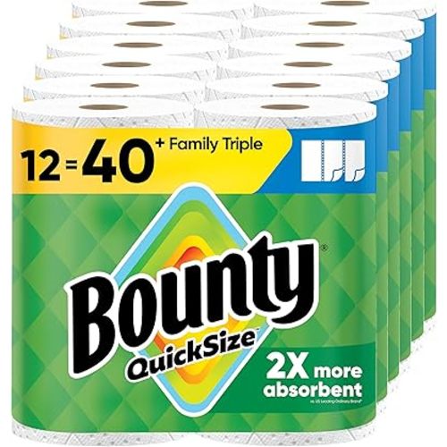 Bounty Quick-Size Paper Towels, White, 12 Family Triple = 40 Regular Rolls