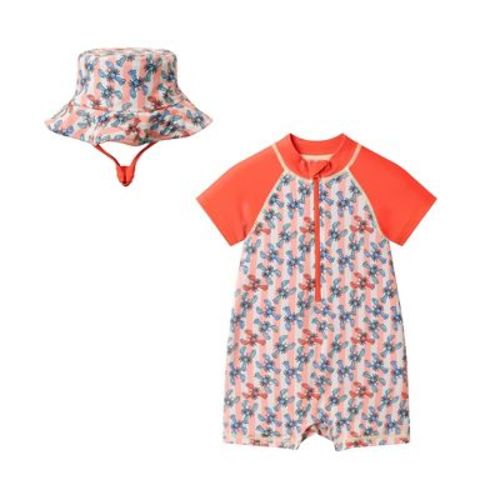 Andy & Evan Infant Short Sleeve Lobster Print Swim Romper Orange, Size 3-6 Months.