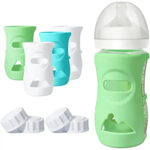 Joxodak 4 Pack Silicone Sleeves for Philips Avent Natural Glass Bottle, Food Grade Silicone Cover and 4pcs Travel Caps, Lids Replacement (2White+1Blue+1Green, 8oz)