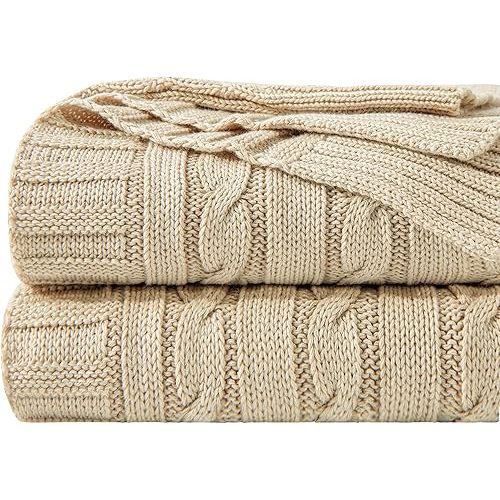 NTBAY 100% Pure Cotton Cable Knit Throw Blanket, Super Soft Warm 51x67 Knitted Throw Blanket for Couch, Sofa, Chair, Bed - Extra Cozy, Machine Washable, Comfortable Home Decor, Khaki