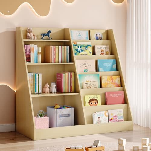 Tatub Upgraded 6 Tier Kids Wooden Bookshelf and Toy Storage, Natural Wood | Children Toy Organizer with Upgraded Book Shelves, Toddler BookRack Baby Bookcase for Nursery, Playroom and Classroom