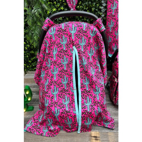 Pink Turquoise Cactus Cowgirl Western, Rodeo, Minky Baby Car Seat Cover