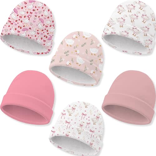 6 Pack Newborn Baby Hats Soft Cotton Infant Beanie Caps for Ages 0-6 Months | Printed and Solid Styles 5.9 x 5.5 Inch Hospital Bag Essentials for Boys Girls Baby Shower Registry Gift Coming Home Outfit